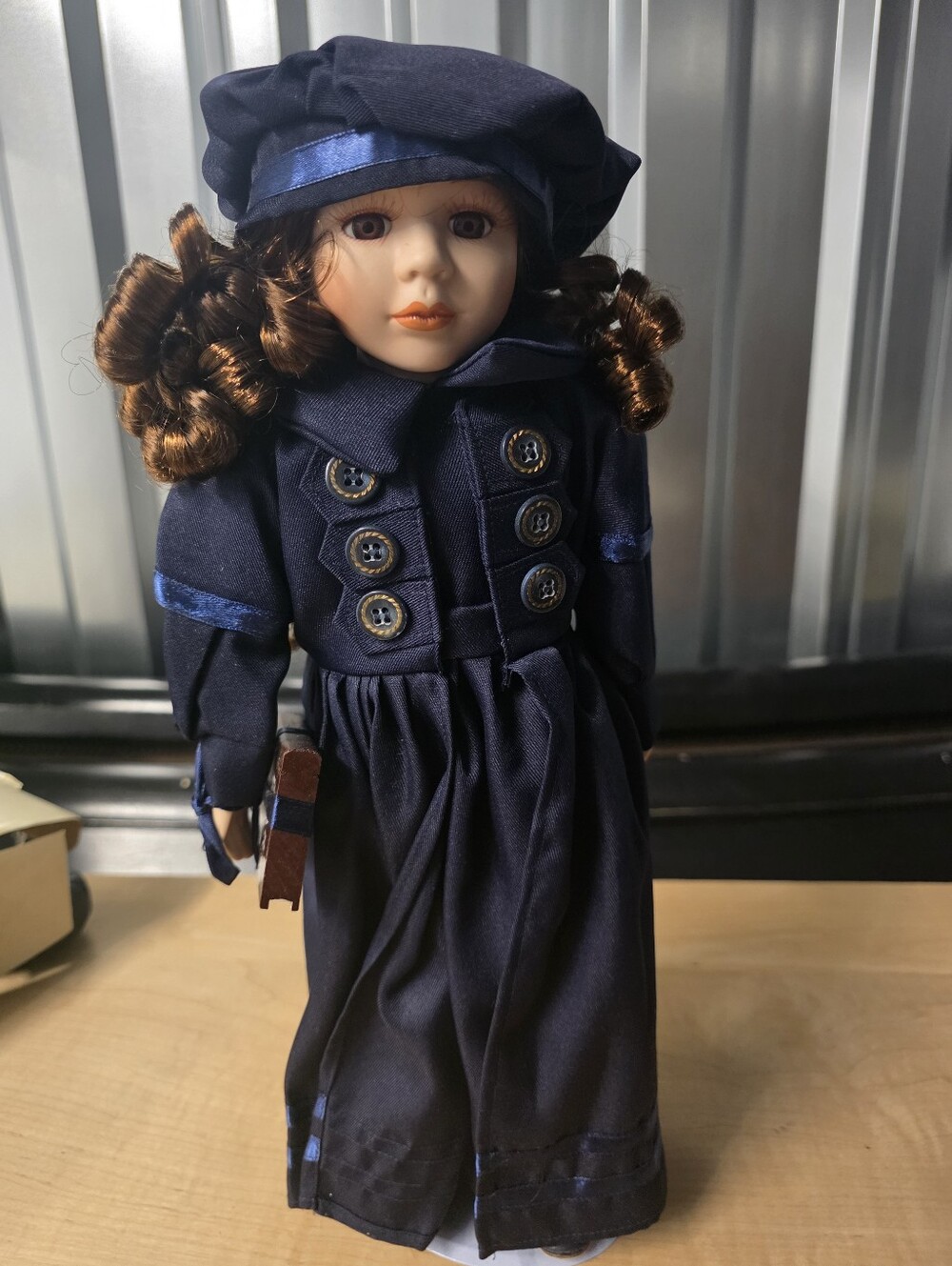 Vintage PS Design Classic Porcelain Doll in Navy Blue Dress-NWB
